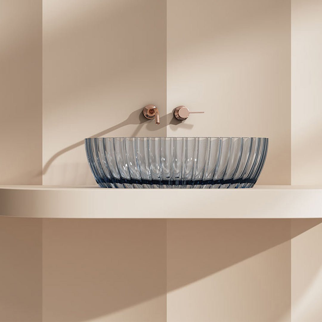 Lavoar de baie, pe blat, oval, 600x350x160 mm, cu riflaje, din rasina, albastru transparent, MonBlari