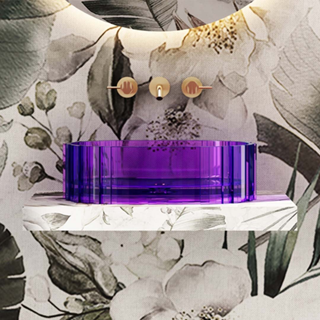 Lavoar de baie, pe blat, oval, cu riflaje sculpturale, din rasina, mov transparent, MonBlari