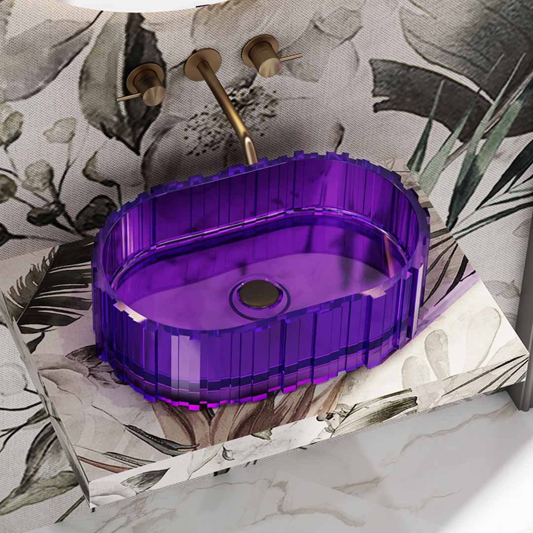 Lavoar de baie, pe blat, oval, cu riflaje sculpturale, din rasina, mov transparent, MonBlari