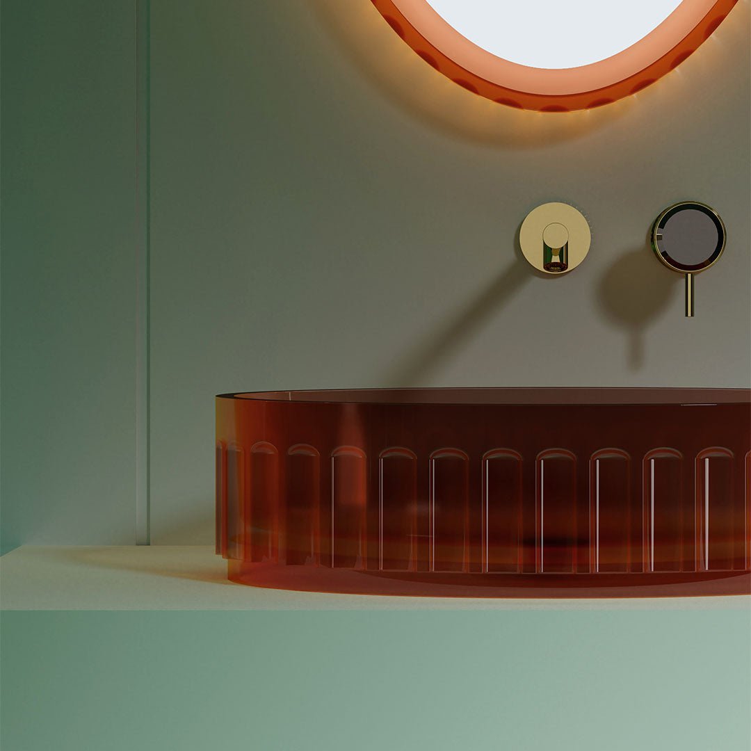 Lavoar de baie pe blat, oval, din rasina, 56 cm, caramiziu transparent, finisaj mat, MonBlari
