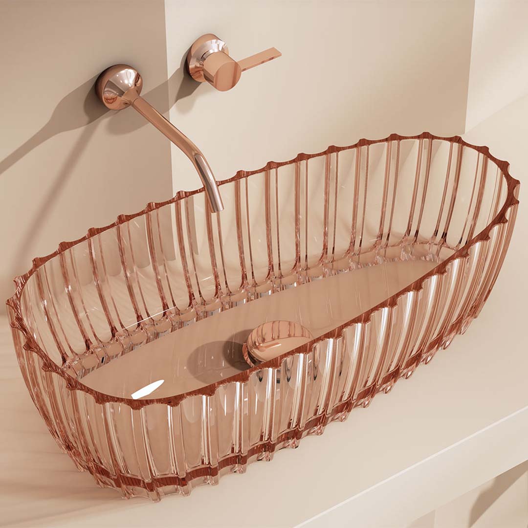 Lavoar de baie, pe blat, ovala, 600x300x160 mm, cu riflaje, din rasina, roz transparent, MonBlari