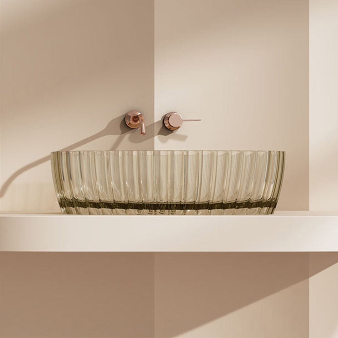 Lavoar de baie, pe blat, ovala, 600x350x160 mm, cu riflaje, din rasina, roz transparent, MonBlari