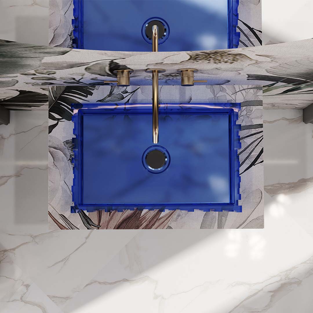 Lavoar de baie pe blat, patrat, 40x40x12 cm, albastru transparent, finisaj mat, MonBlari