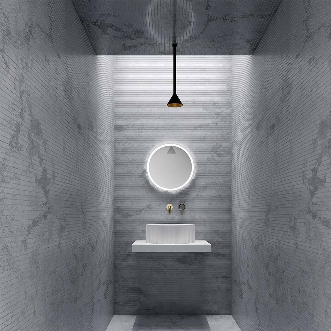 Lavoar de baie pe blat, rotund, 45x45x16 cm, din compozit, alb mat, cu riflaje, MonBlari