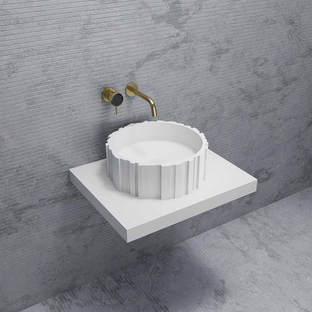Lavoar de baie pe blat, rotund, 45x45x16 cm, din compozit, alb mat, cu riflaje, MonBlari