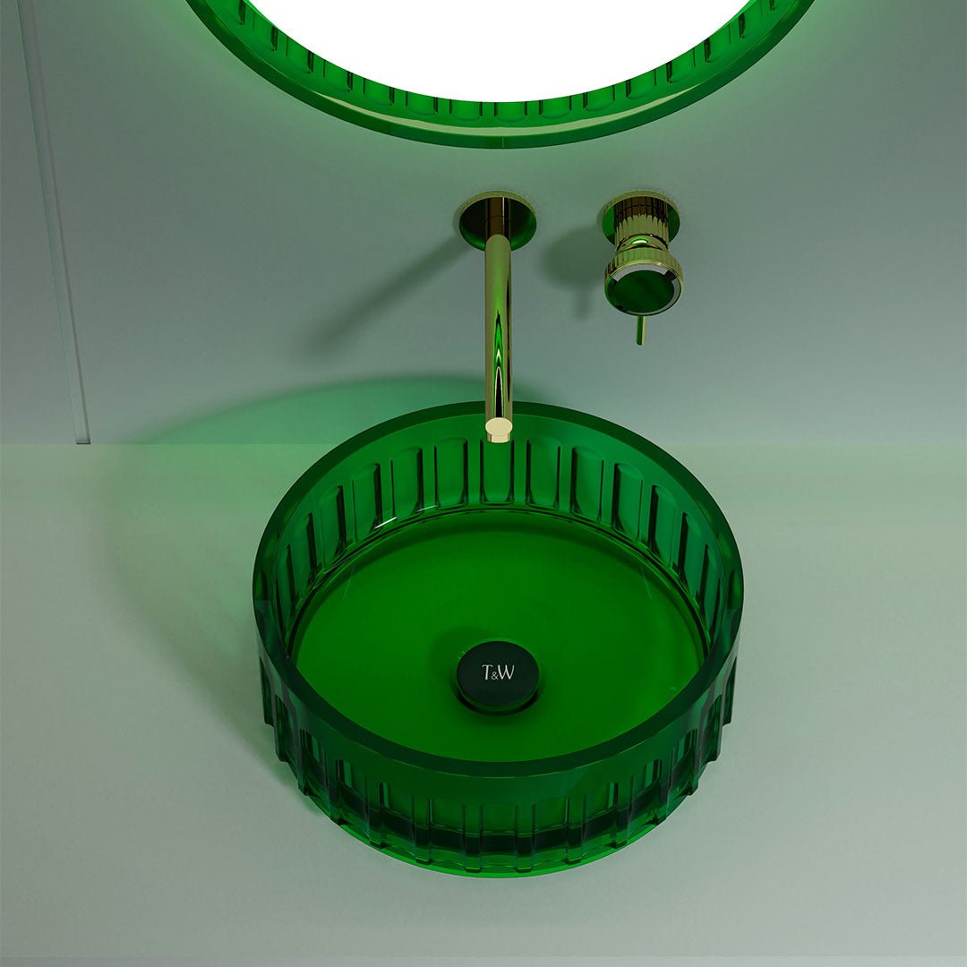 Lavoar de baie pe blat, rotund, din rasina, 40 cm, verde transparent, finisaj mat, MonBlari