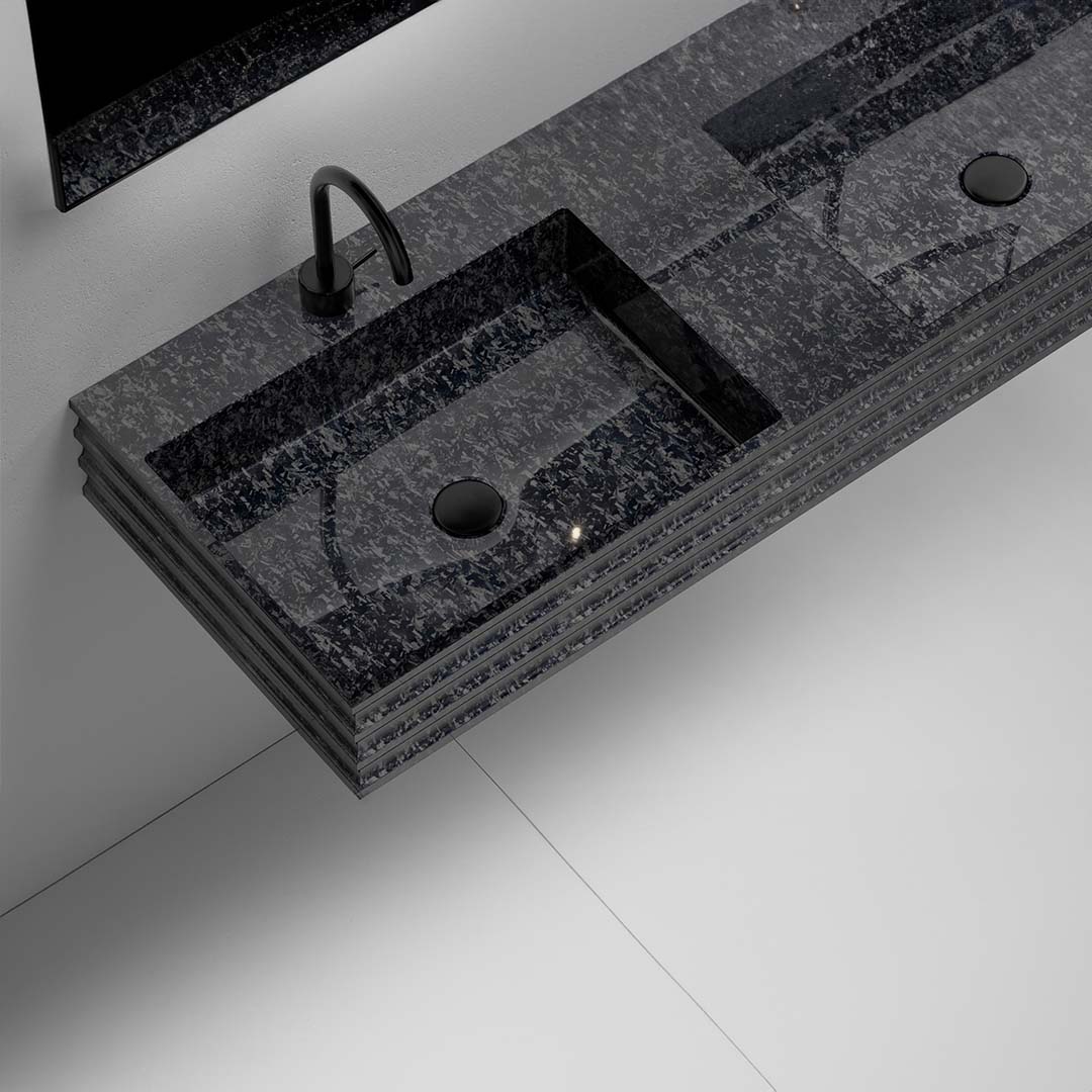 Lavoar de baie, pe perete, 100x45 cm, 2 cuve, dreptunghiular, din fibra de carbon Mozaic, negru, MonBlari