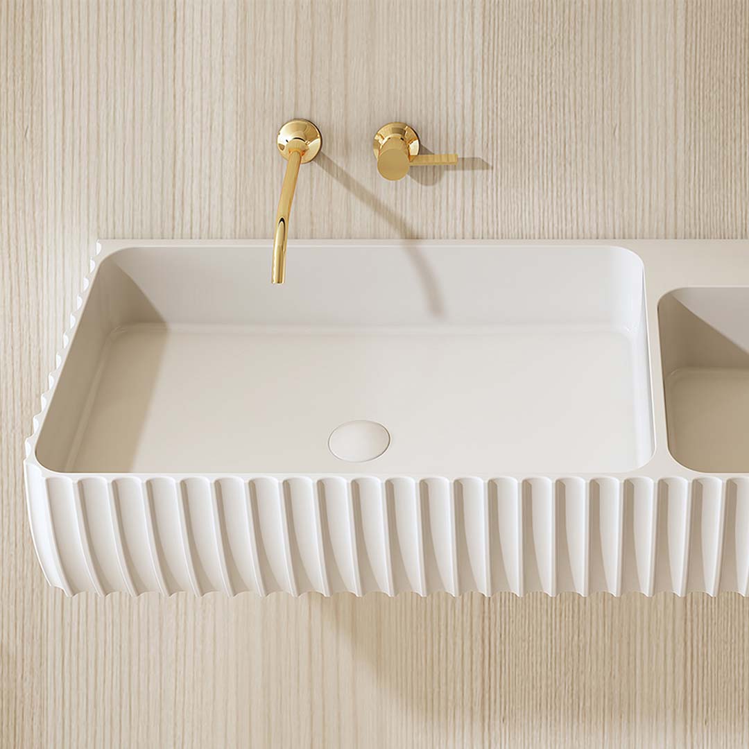 Lavoar de baie, pe perete, 120 cm, dreptunghiular, 2 cuve, din compozit, alb mat, MonBlari