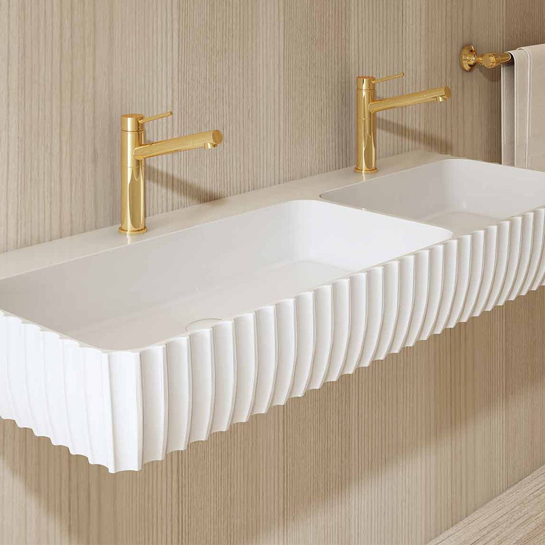 Lavoar de baie, pe perete, 120 cm, dreptunghiular, 2 cuve, din compozit, alb mat, MonBlari