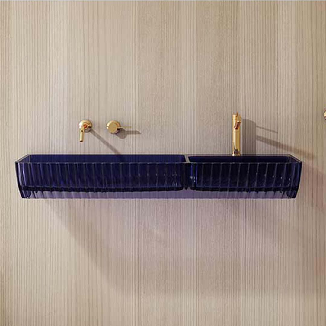 Lavoar de baie, pe perete, 120 cm, dreptunghiular, 2 cuve, din rasina, mov transparent, MonBlari