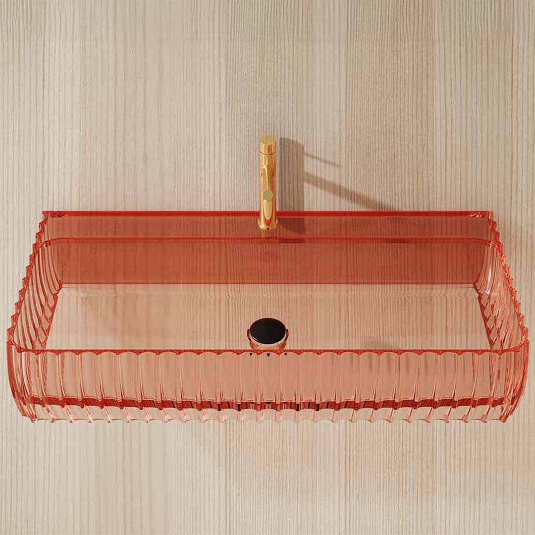 Lavoar de baie, pe perete, 120 cm, dreptunghiular, cu colturi rotunjite, din rasina, roz transparent, MonBlari