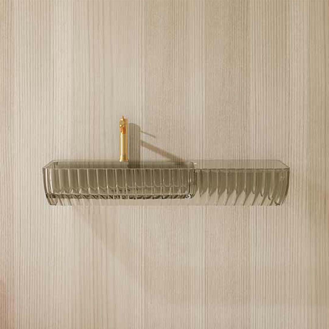Lavoar de baie, pe perete, 120 cm, dreptunghiular, cu spatiu de depozitare, din rasina, gri transparent, MonBlari