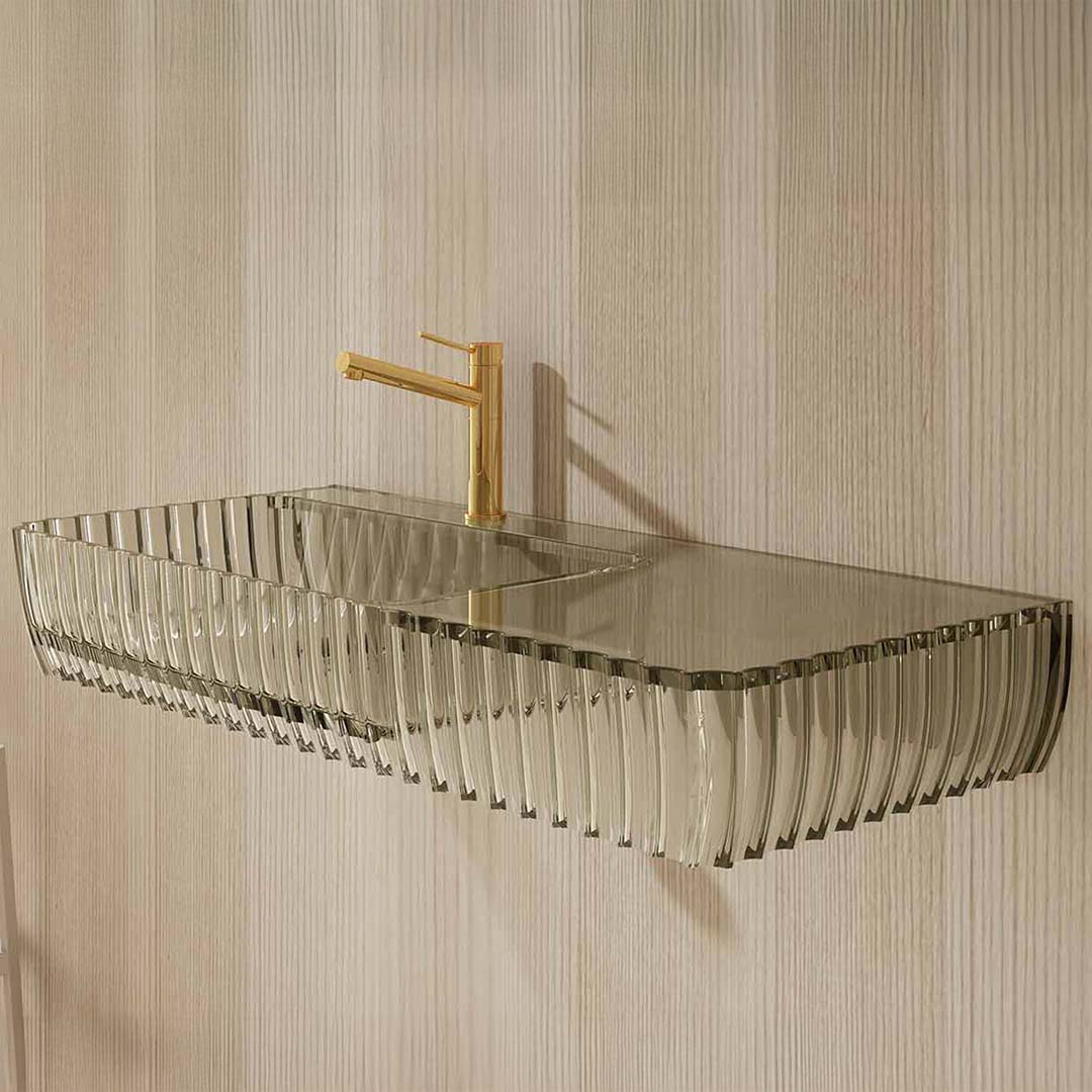 Lavoar de baie, pe perete, 120 cm, dreptunghiular, cu spatiu de depozitare, din rasina, gri transparent, MonBlari