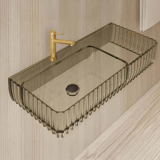 Lavoar de baie, pe perete, 120 cm, dreptunghiular, cu spatiu de depozitare, din rasina, gri transparent, MonBlari