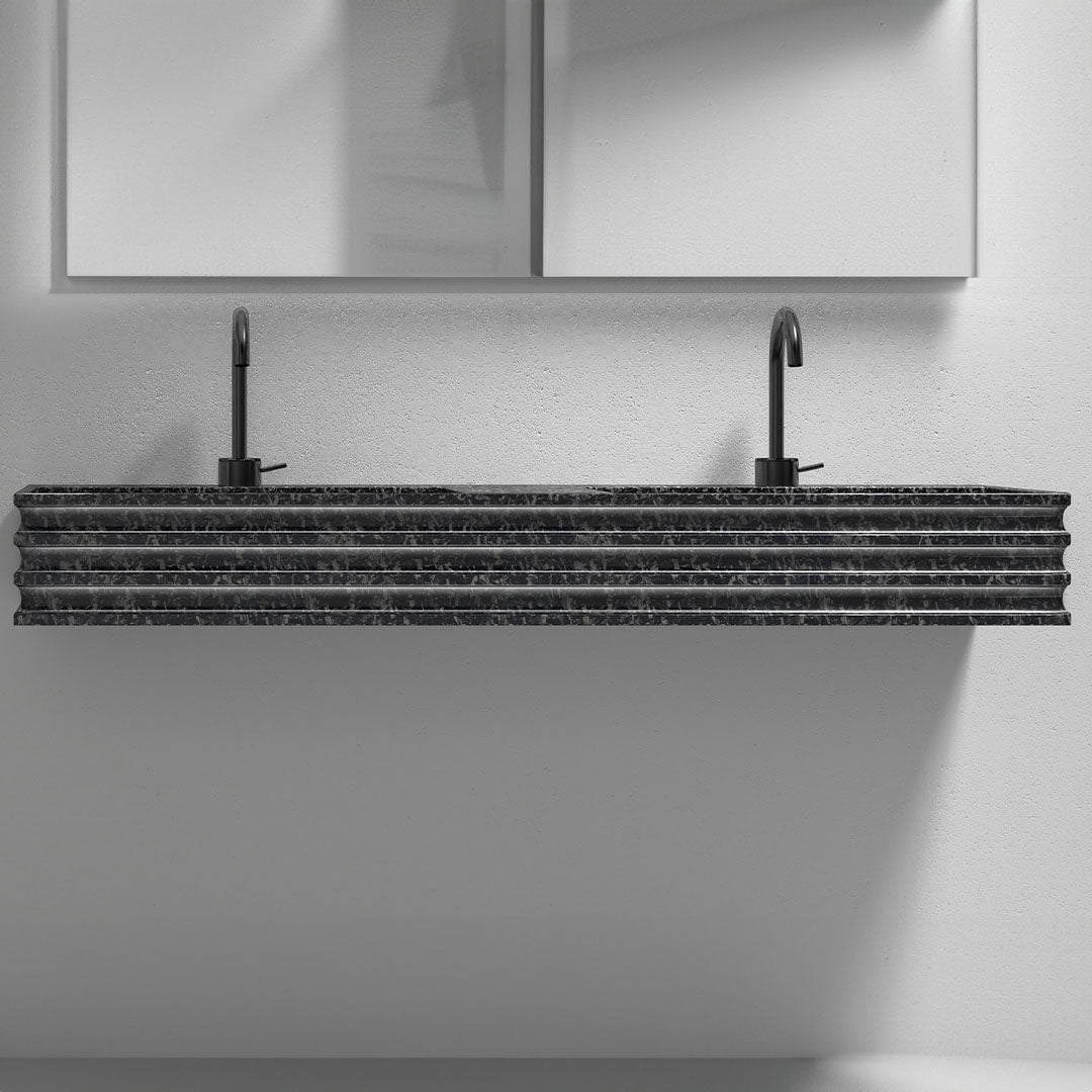 Lavoar de baie, pe perete, 120x45 cm, 2 cuve, dreptunghiular, din fibra de carbon Mozaic, negru, MonBlari