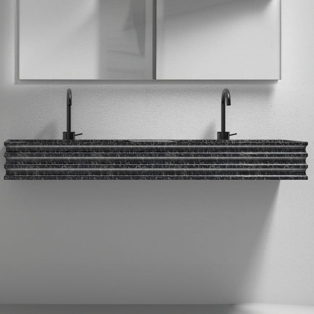 Lavoar de baie, pe perete, 120x45 cm, 2 cuve, dreptunghiular, din fibra de carbon Mozaic, negru, MonBlari
