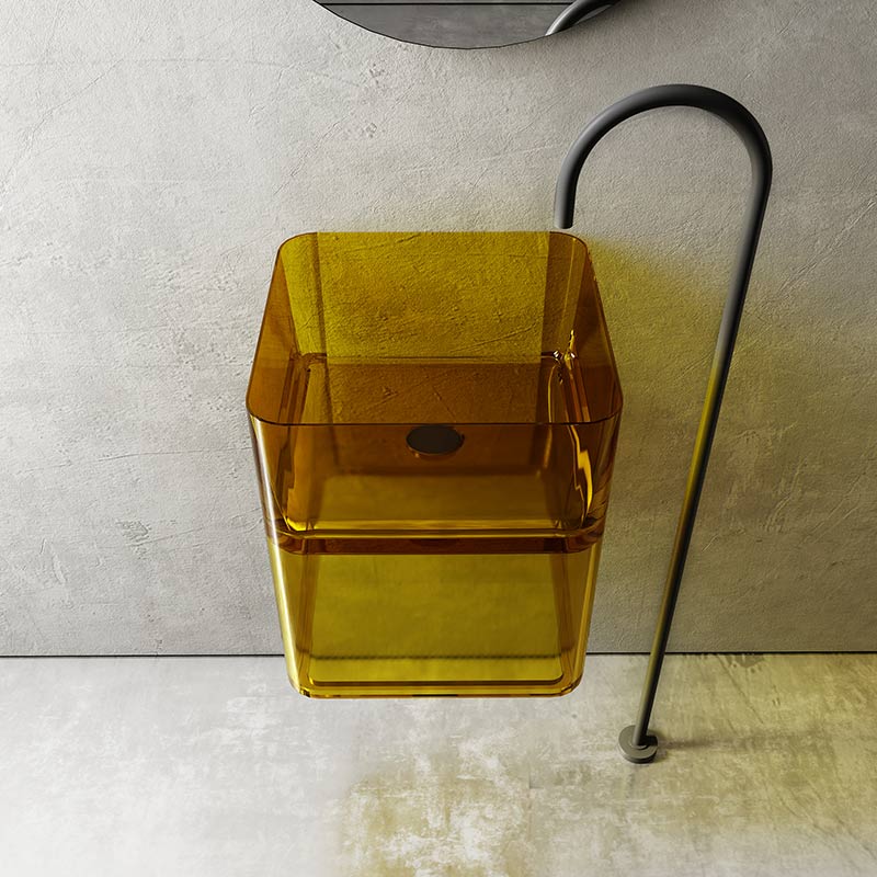Lavoar de baie, pe perete, 42 cm, patrat, din rasina, auriu transparent, MonBlari