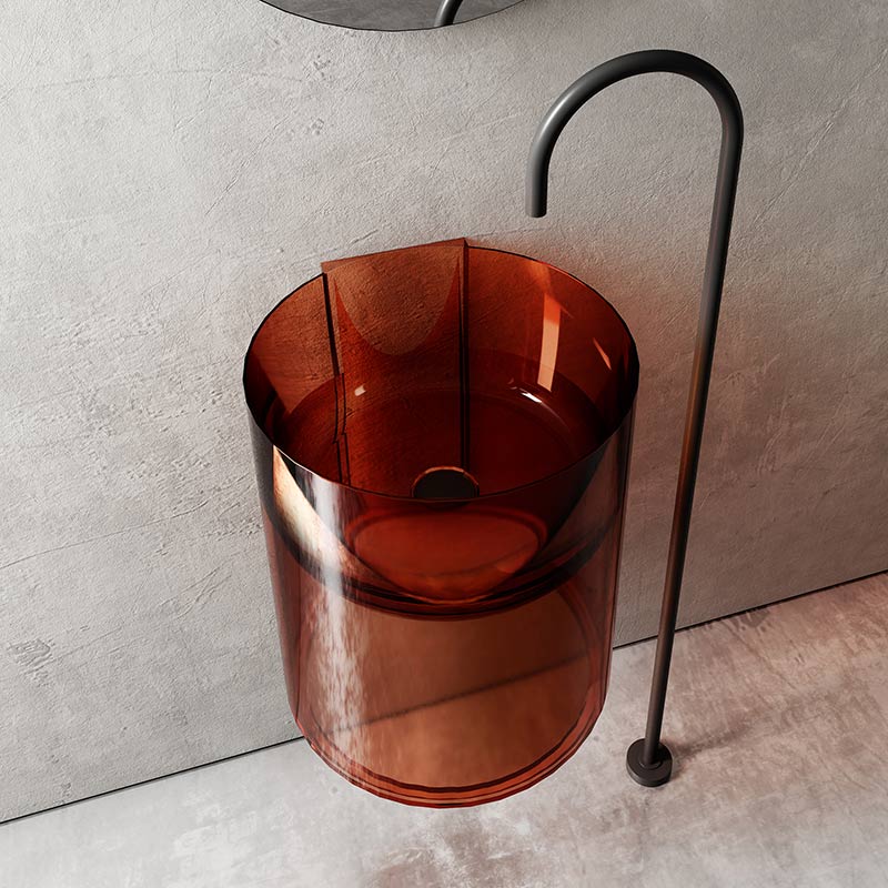 Lavoar de baie, pe perete, 42 cm, rotund, din rasina, caramiziu transparent, MonBlari