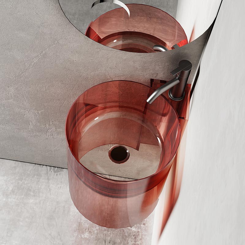 Lavoar de baie, pe perete, 42 cm, rotund, din rasina, roz transparent, MonBlari