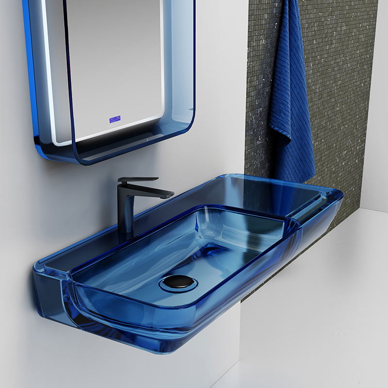 Lavoar de baie, pe perete, 90 cm, dreptunghiular, din rasina, albastru transparent, MonBlari