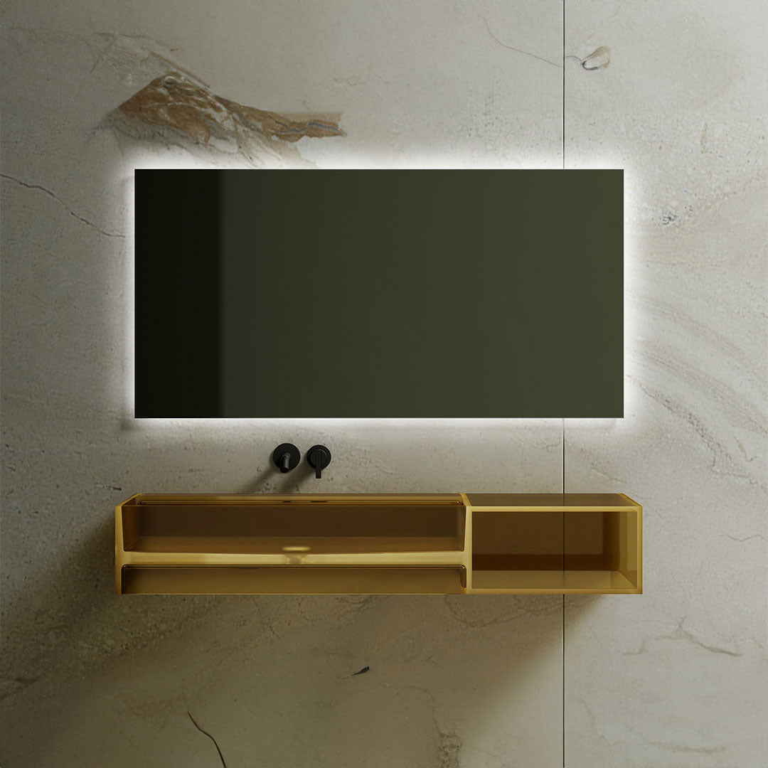 Lavoar de baie, pe perete, cu polita integrata,  120 cm, dreptunghiular, din rasina, auriu transparent, MonBlari