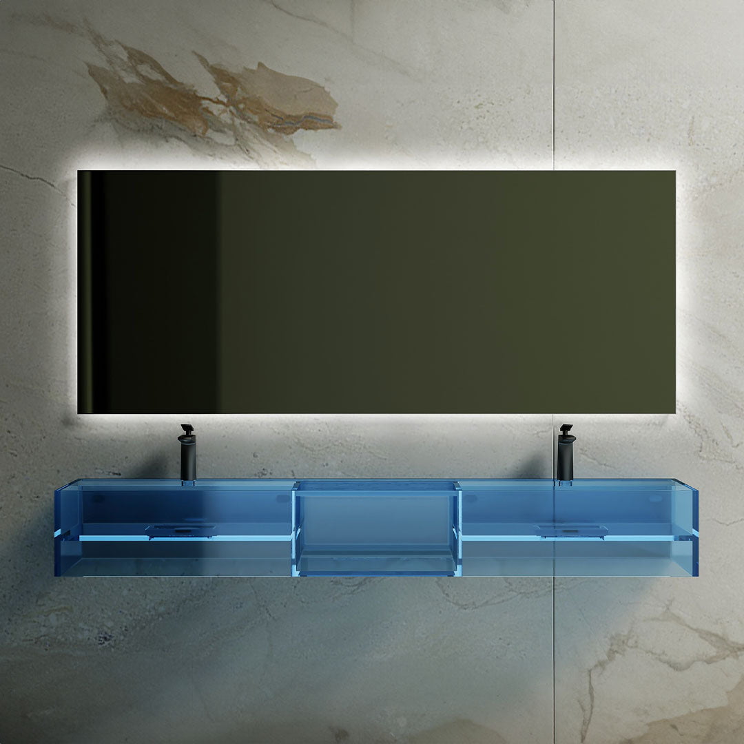 Lavoar de baie, pe perete, dublu, 150 cm, dreptunghiular, din rasina, albastru transparent, MonBlari
