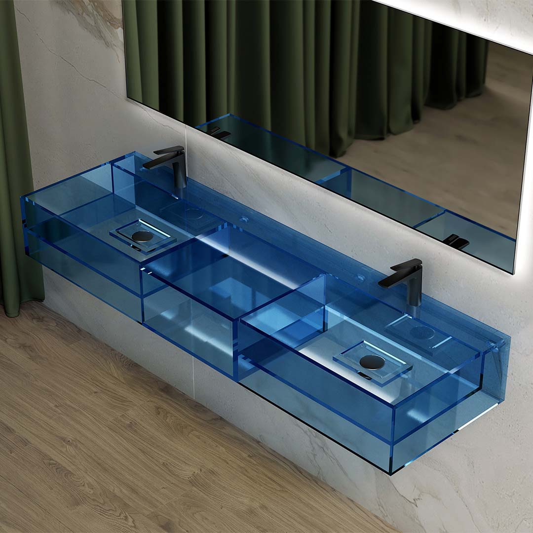 Lavoar de baie, pe perete, dublu, 150 cm, dreptunghiular, din rasina, albastru transparent, MonBlari