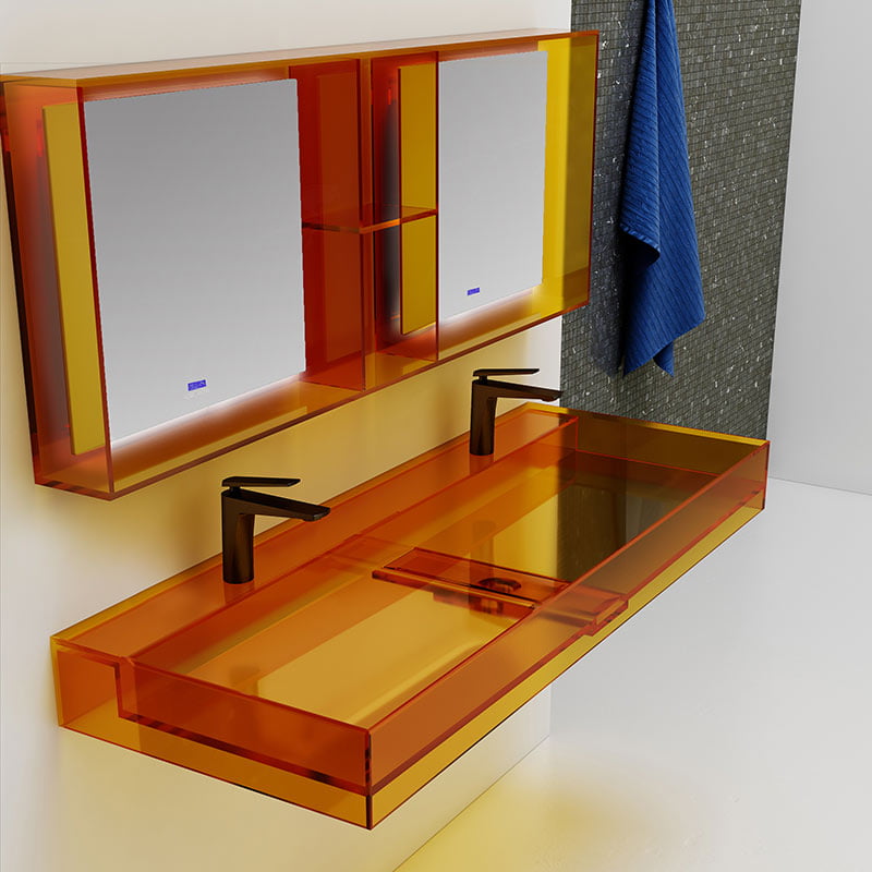 Lavoar de baie, pe perete, dublu,  80 cm, dreptunghiular, din rasina, portocaliu transparent, MonBlari