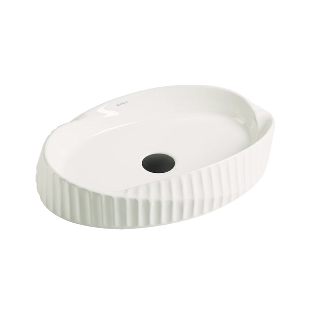 Lavoar de baie Safi, pe blat, oval, din ceramica sanitara, 60 cm, alb lucios cu riflaje, Elysium