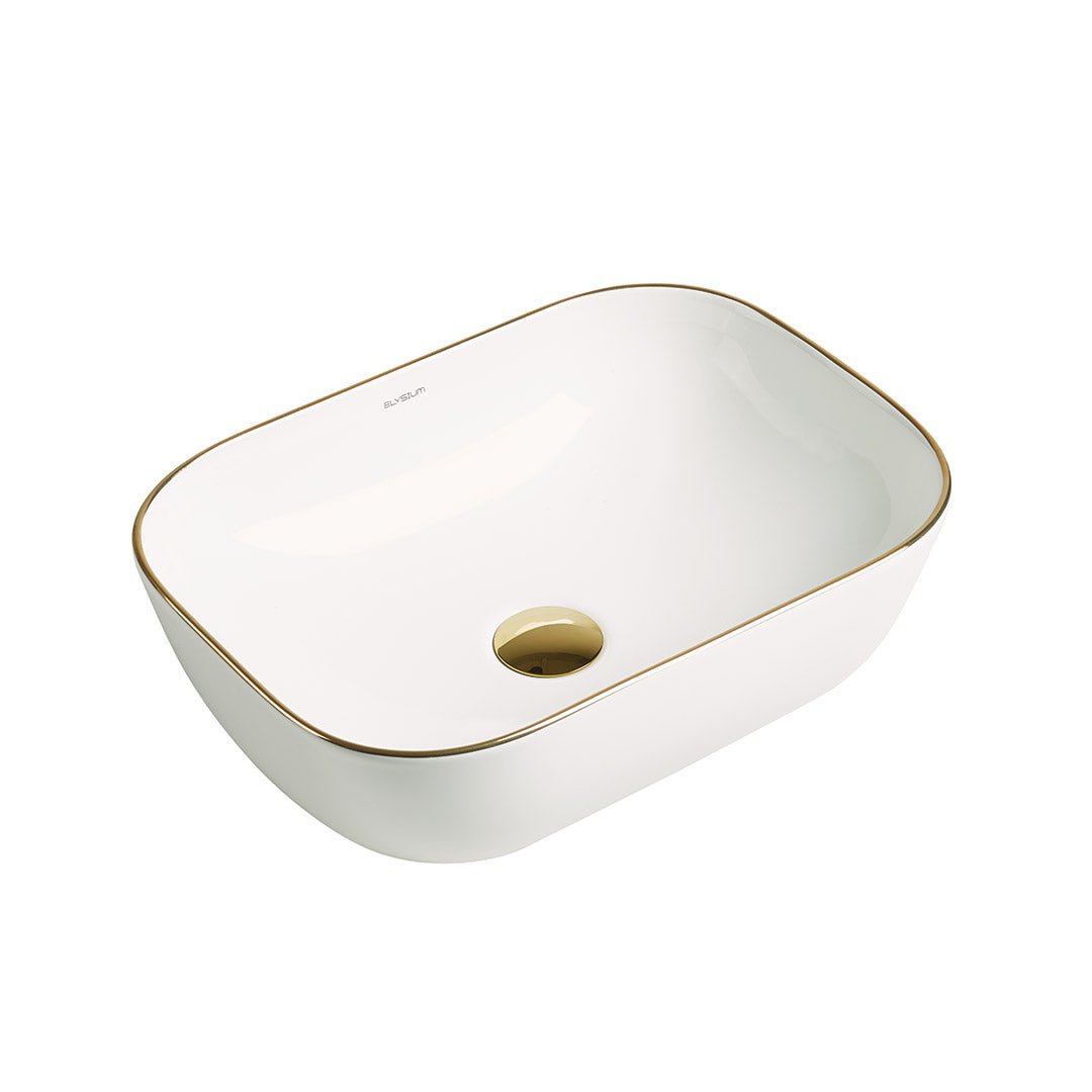 Lavoar de baie Soria, pe blat, dreptunghiular, cu margini rotunjite, din ceramica sanitara, 45.5 cm, alb lucios cu o linie aurie, Elysium
