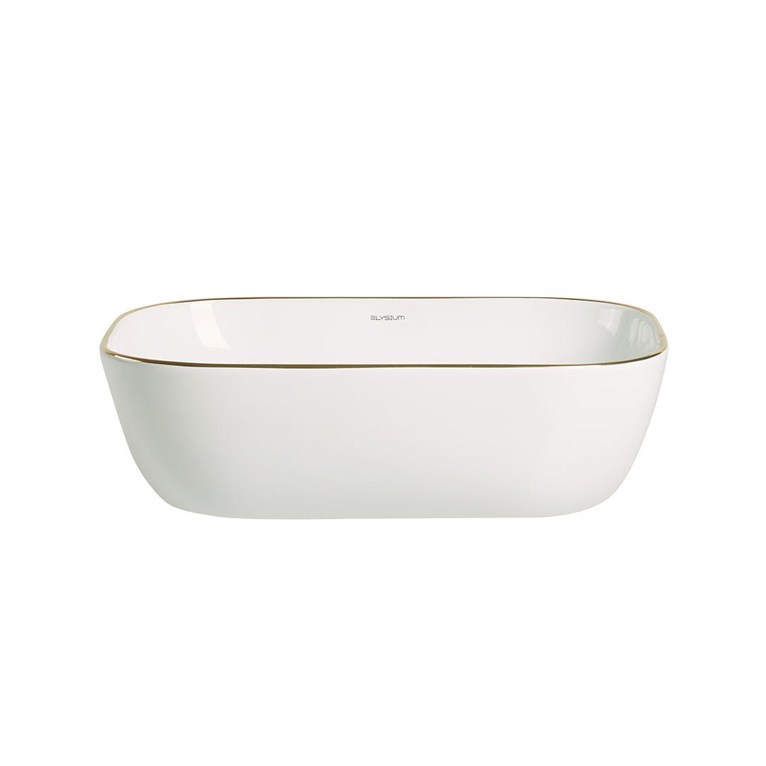 Lavoar de baie Soria, pe blat, dreptunghiular, cu margini rotunjite, din ceramica sanitara, 45.5 cm, alb lucios cu o linie aurie, Elysium