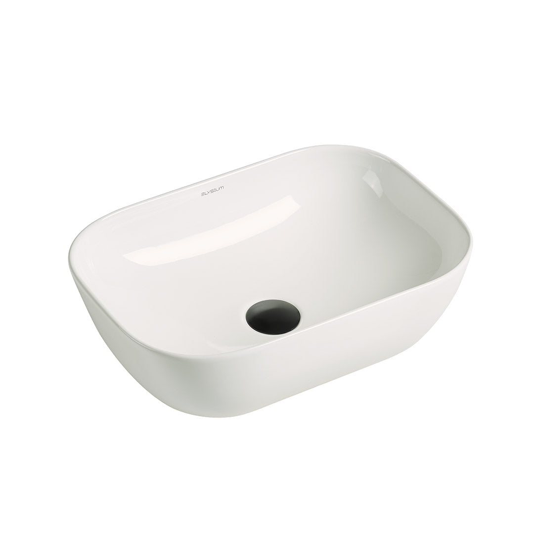 Lavoar de baie Soria, pe blat, dreptunghiular, cu margini rotunjite, din ceramica sanitara, 45.5 cm, alb lucios, Elysium