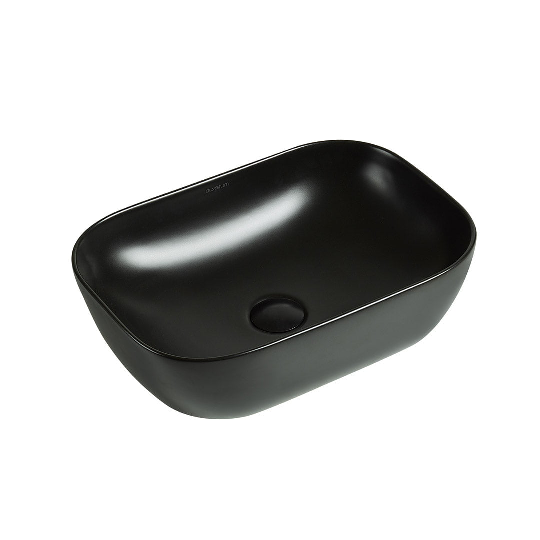 Lavoar de baie Soria, pe blat, dreptunghiular, cu margini rotunjite, din ceramica sanitara, 45.5 cm, negru mat, Elysium