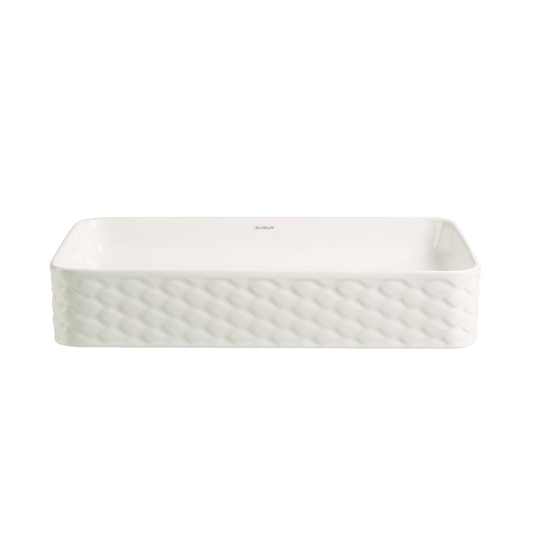 Lavoar de baie Toco, pe blat, dreptunghiular, din ceramica sanitara, 61 cm, alb lucios cu model decorativ, Elysium
