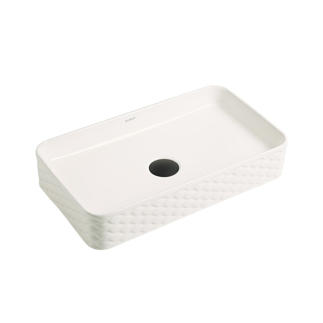 Lavoar de baie Toco, pe blat, dreptunghiular, din ceramica sanitara, 61 cm, alb lucios cu model decorativ, Elysium