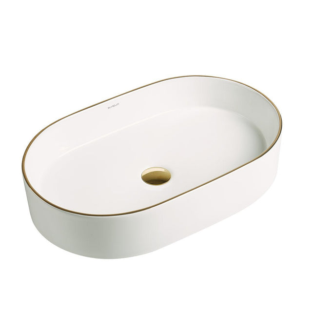 Lavoar de baie Vela, pe blat, oval, din ceramica sanitara, 60 cm, alb lucios cu linie aurie, Elysium