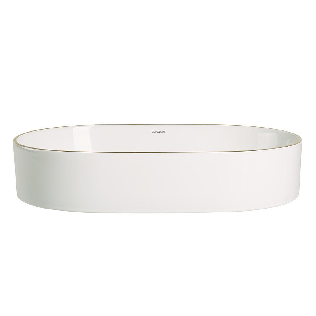 Lavoar de baie Vela, pe blat, oval, din ceramica sanitara, 60 cm, alb lucios cu linie aurie, Elysium