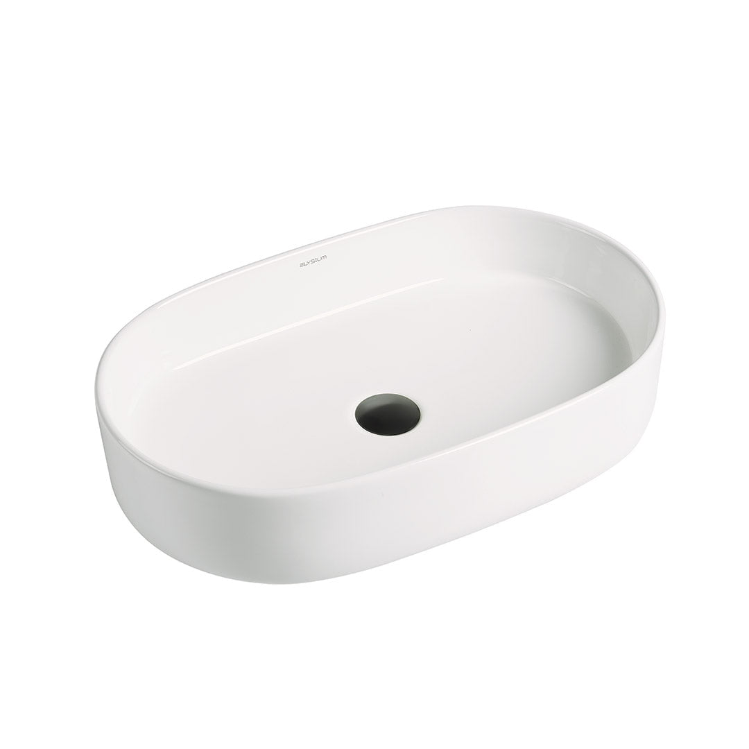 Lavoar de baie Vela, pe blat, oval, din ceramica sanitara, 60 cm, alb lucios, Elysium