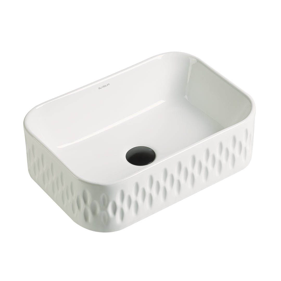 Lavoar de baie Xina, pe blat, dreptunghiular, din ceramica sanitara, 46.5 cm, alb lucios cu model decorativ, Elysium