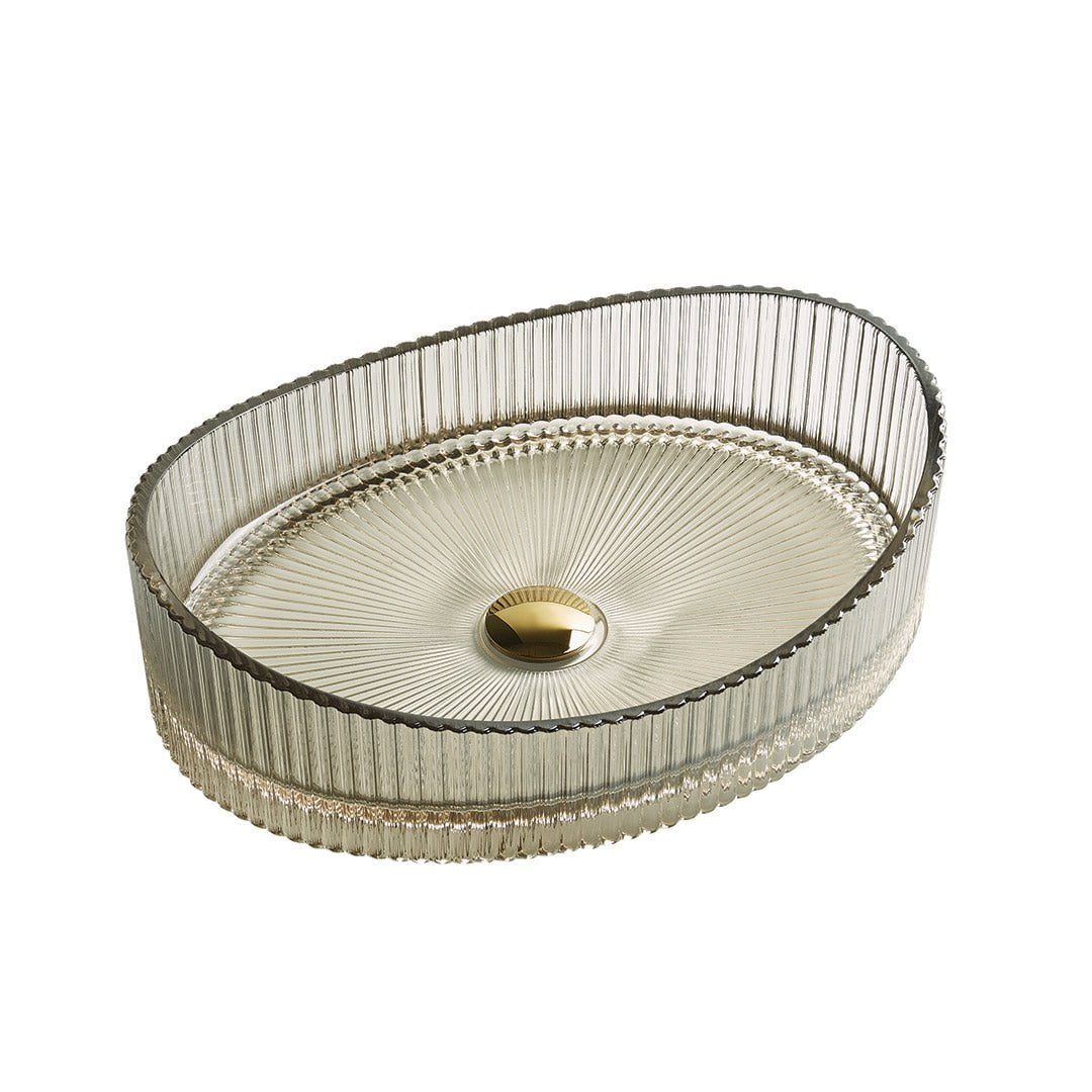 Lavoar de baie Zuna, pe blat, oval cu margini inaltate, din sticla, 51 cm, gri transparent, Elysium