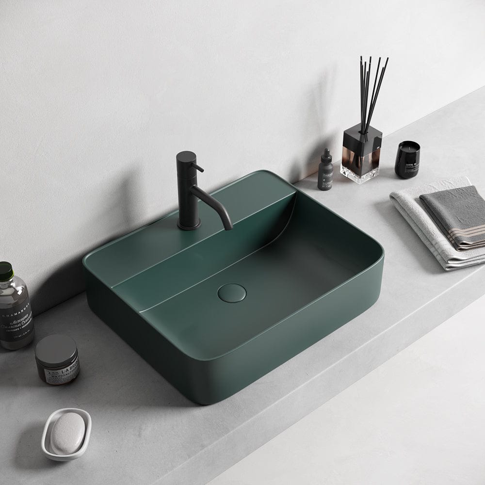 Lavoar Foglia dreptunghiular pe blat verde inchis mat, cu orificiu baterie si ventil inclus, 50x40 cm