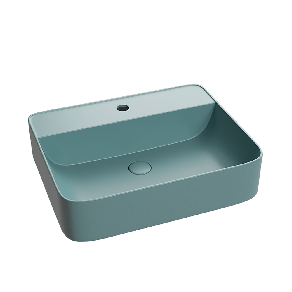 Lavoar Foglia dreptunghiular pe blat verde mat, cu orificiu baterie, ventil inclus, 50x40 cm