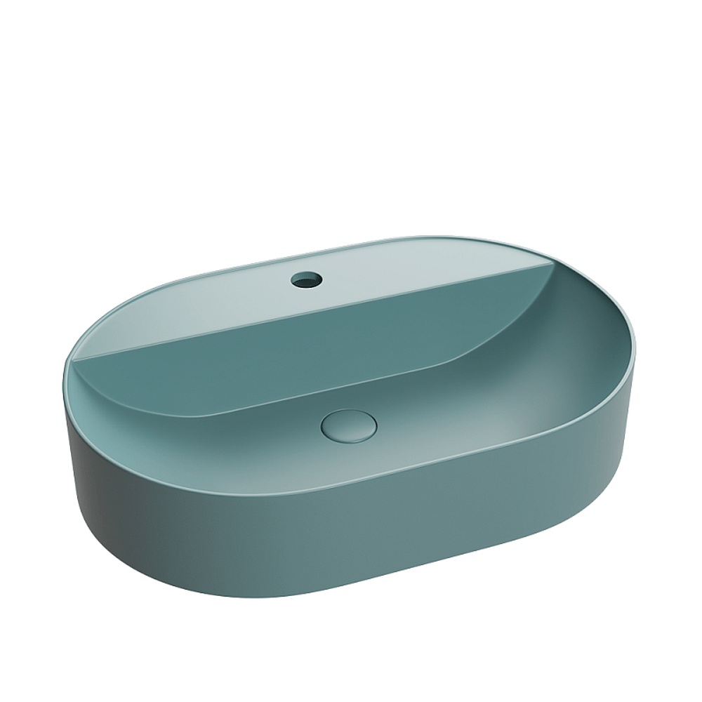 Lavoar Foglia oval pe blat verde mat, orificiu baterie, ventil inclus, 50x38 cm