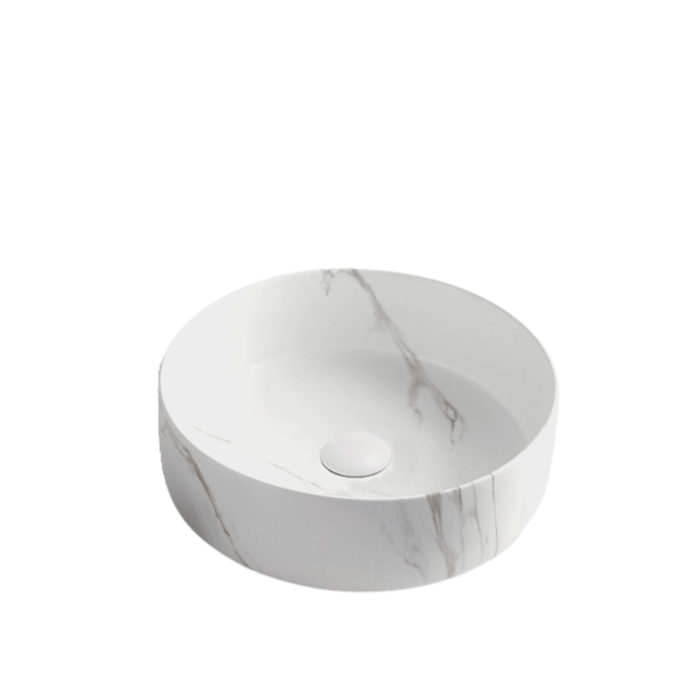 Lavoar Foglia rotund pe blat cu efect marmur, ventil inclus, 34x34 cm