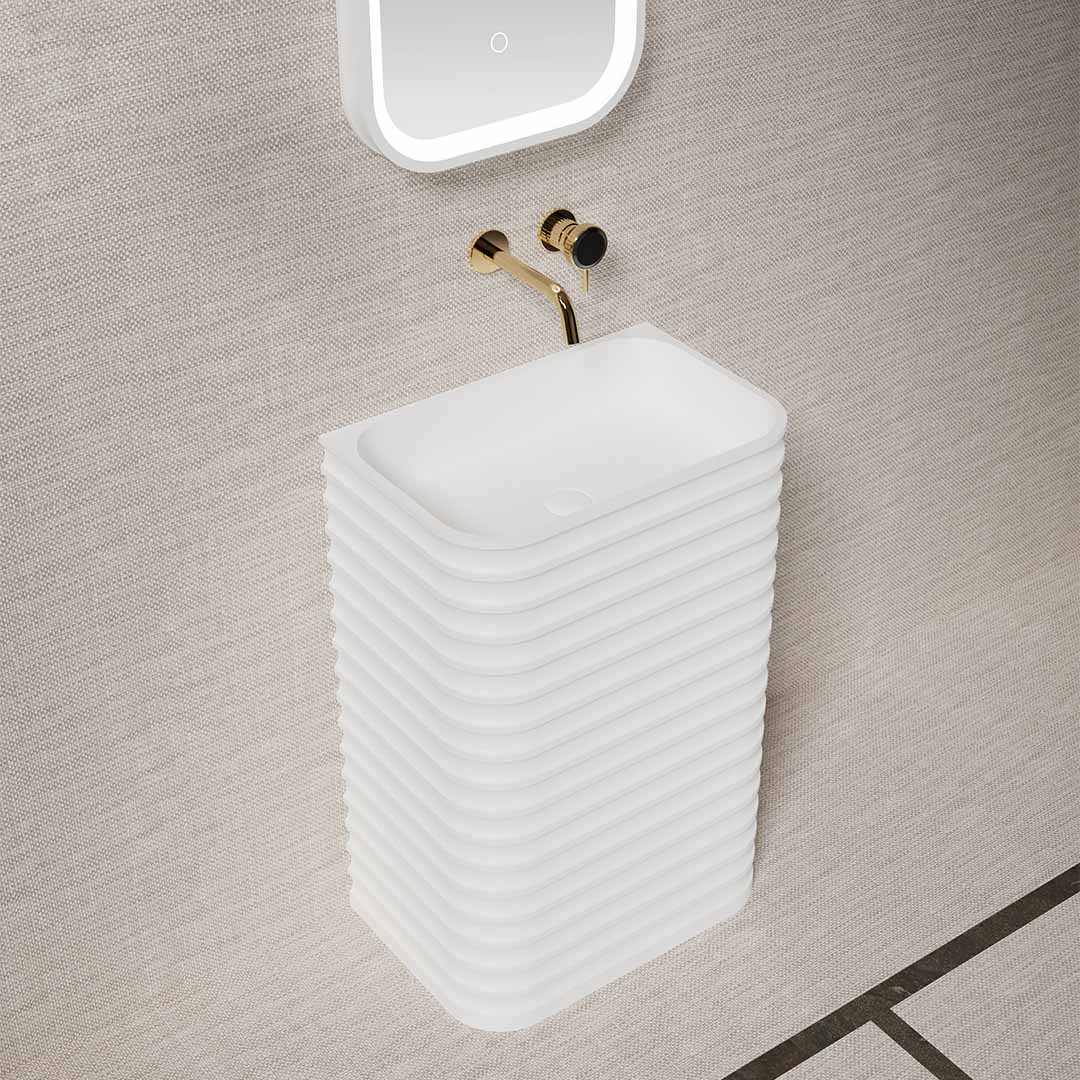 Lavoar freestanding, dreptunghiular, cu colturi rotunjite, din compozit, alb, 58x38 cm, cu riflaje, MonBlari