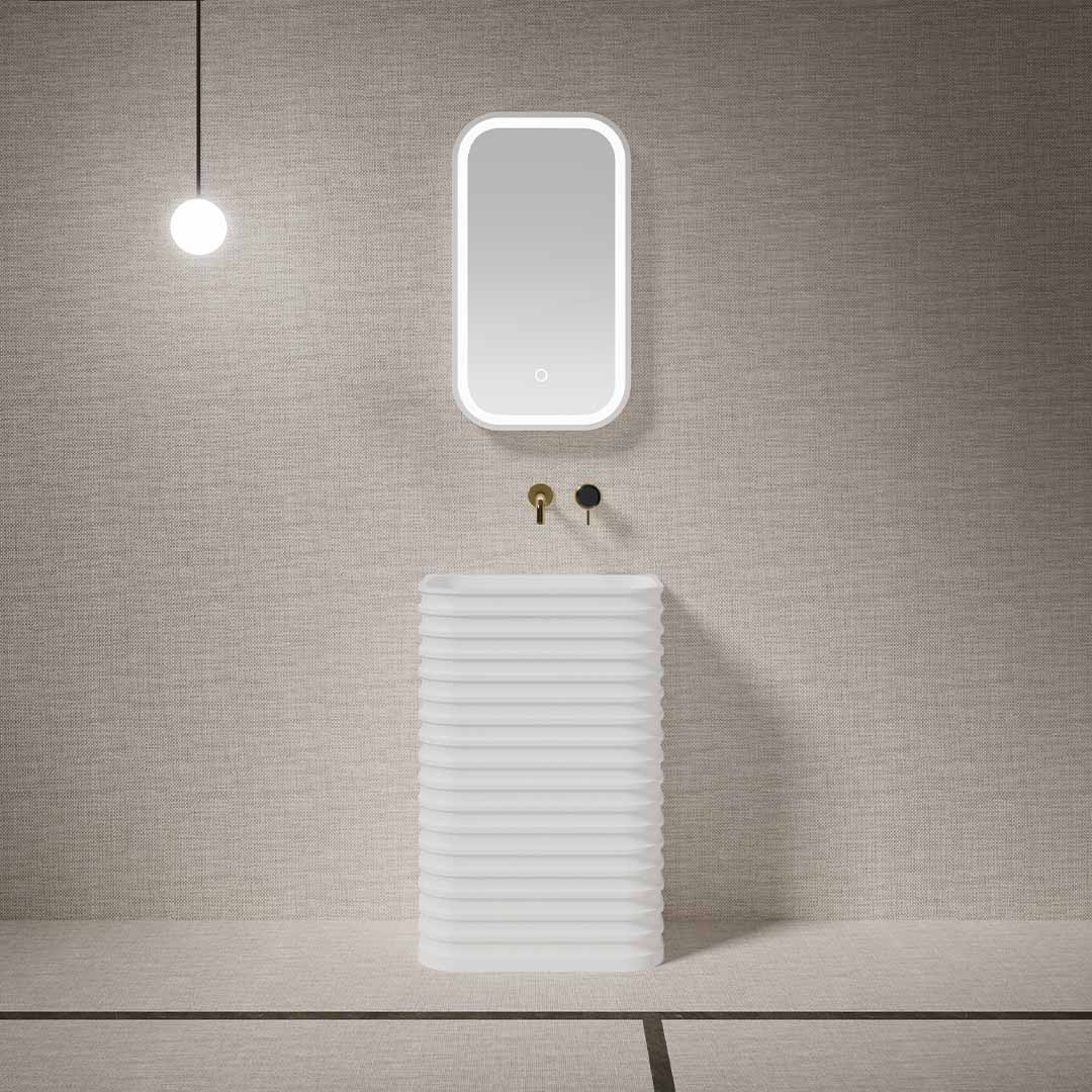 Lavoar freestanding, dreptunghiular, cu colturi rotunjite, din compozit, alb, 58x38 cm, cu riflaje, MonBlari