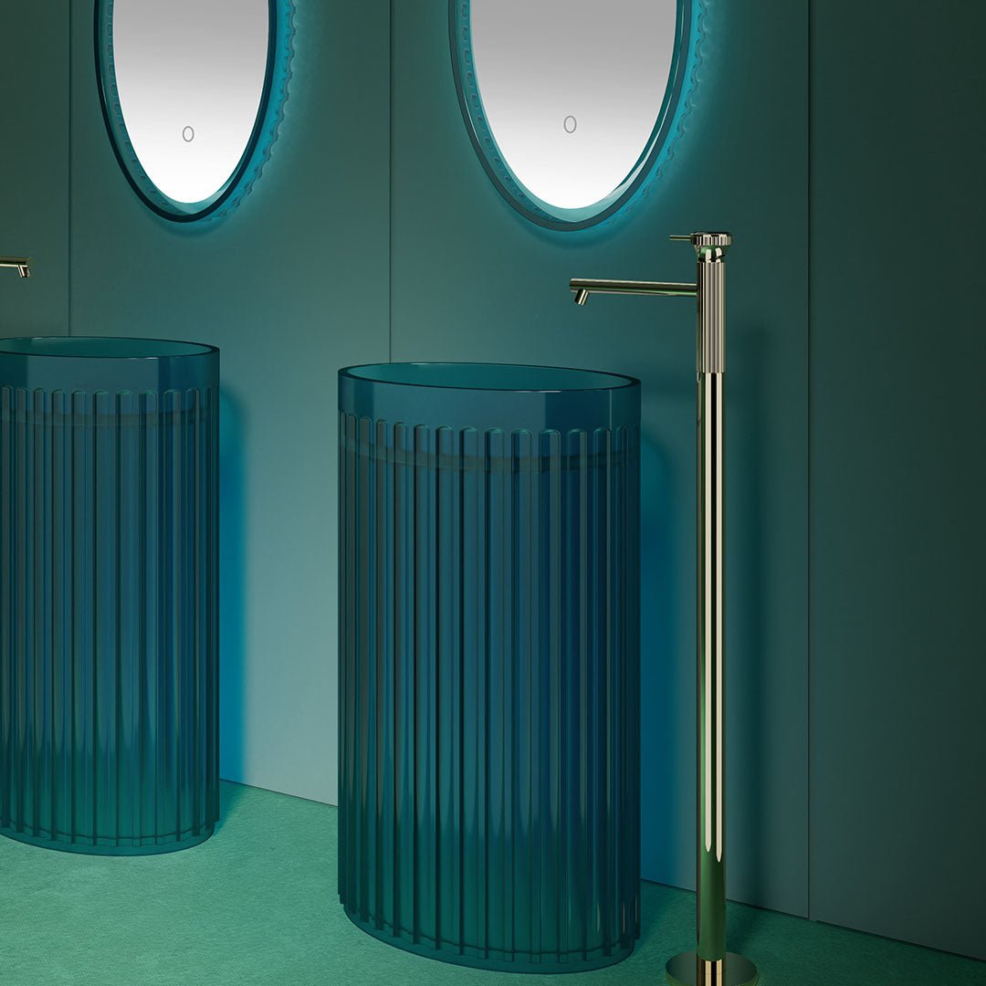 Lavoar freestanding, oval, din rasina, albastru transparent, 55 cm, finisaj mat, MonBlari