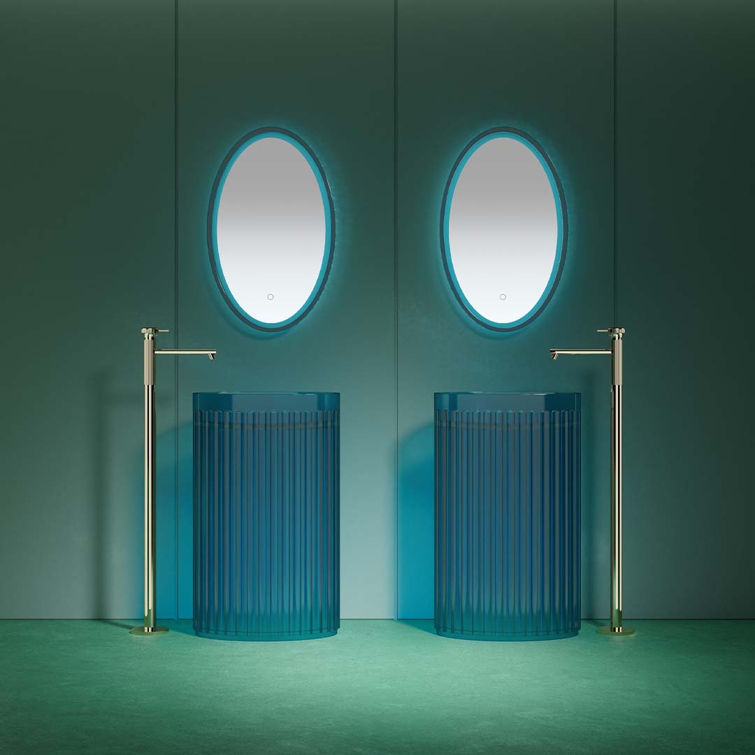 Lavoar freestanding, oval, din rasina, albastru transparent, 55 cm, finisaj mat, MonBlari