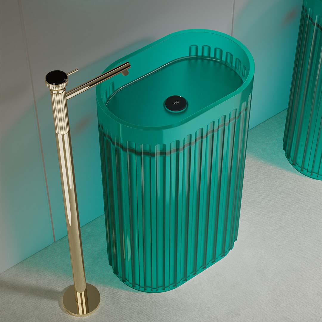 Lavoar freestanding, oval, din rasina, albastru transparent, 55 cm, finisaj mat, MonBlari