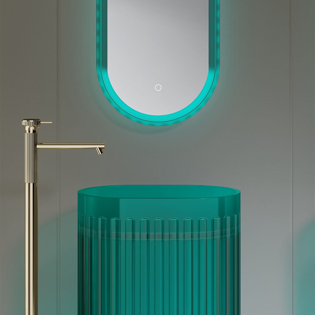 Lavoar freestanding, oval, din rasina, albastru transparent, 55 cm, finisaj mat, MonBlari